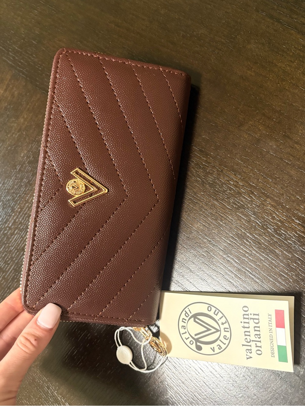 Valentino Orlandi Brown Quilted Zip Card Holder with Gold Logo